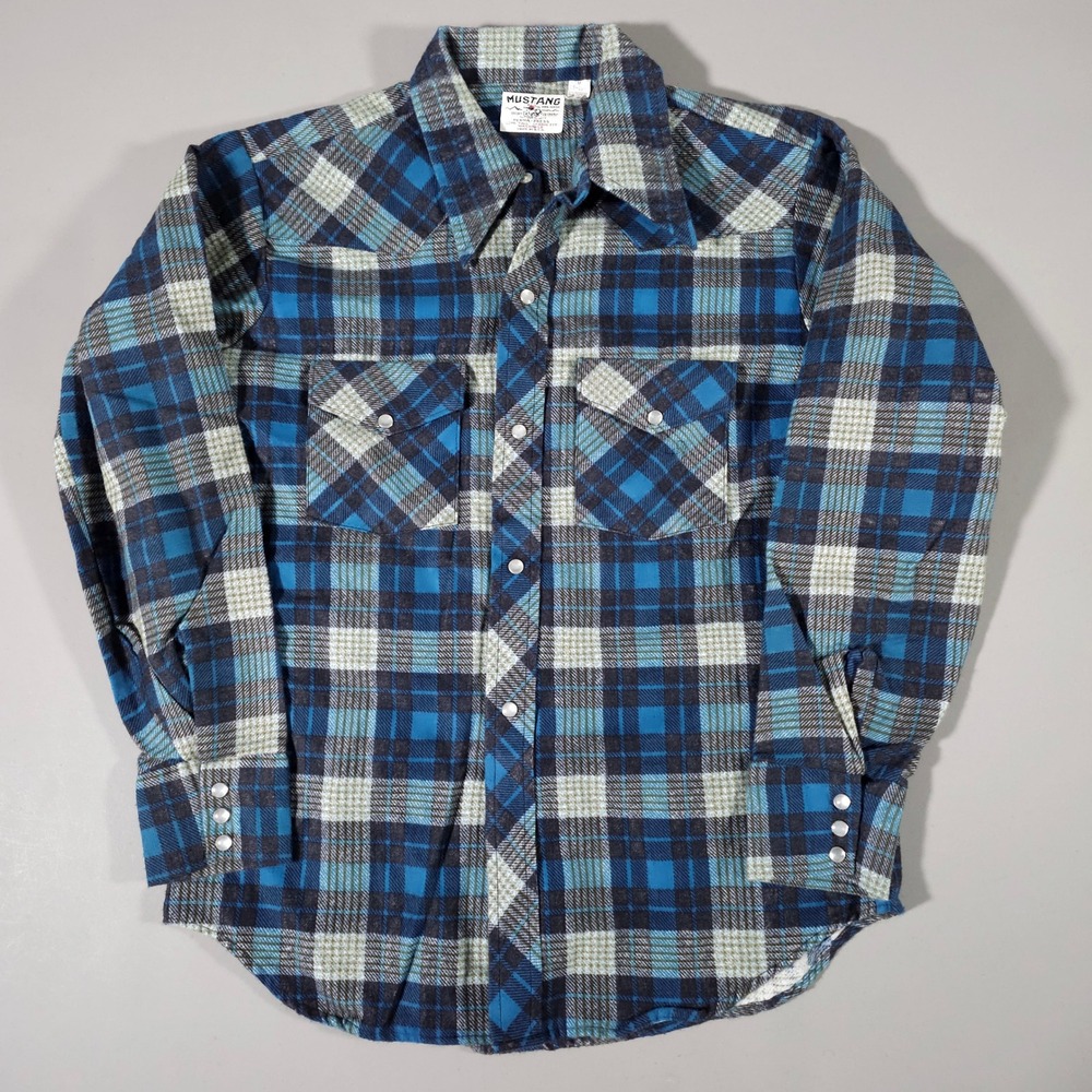 Mustang Western Shirt Mens M Blue Plaid Pearl Snap Perma-Press Made in USA‎